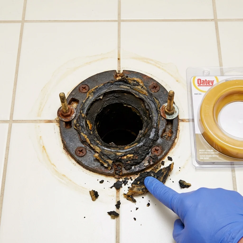Failed wax ring showing water seepage at the base of a toilet in a Williston, VT home