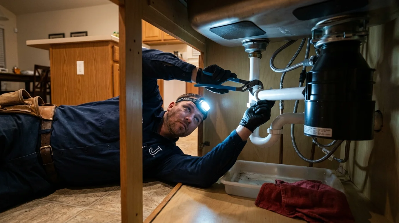 P-trap and supply line connections under a kitchen sink showing a common leak point in Williston, VT